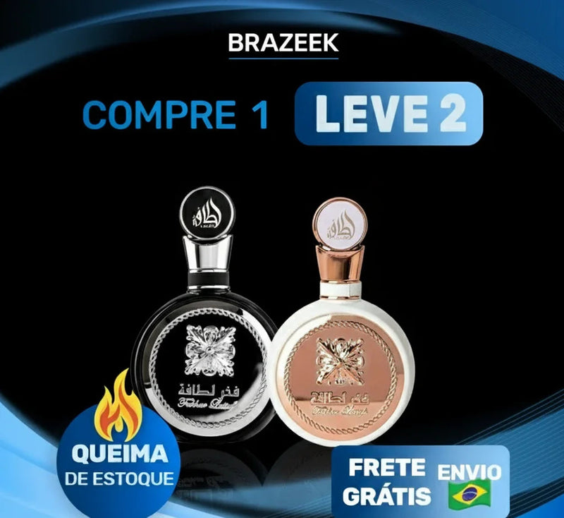 Promoção Brazeek de perfumes importados preto e branco, compre 1 leve 2, frete grátis Brasil.