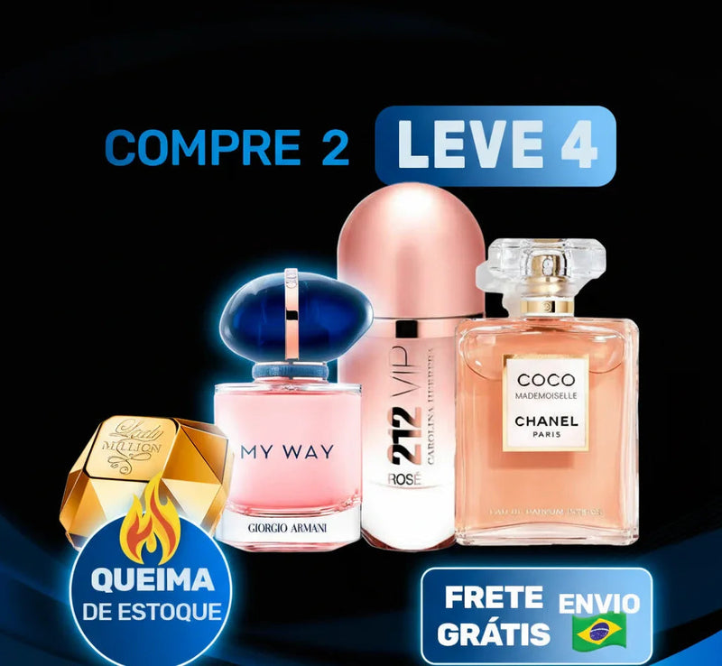 Promoção de perfumes importados com queima de estoque, compre 2 e leve 4, frete grátis.