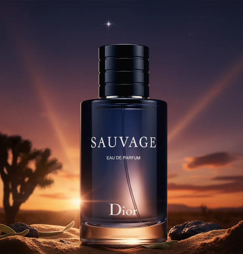 Frasco de perfume Sauvage Dior em destaque sobre areia ao pôr do sol no deserto.
