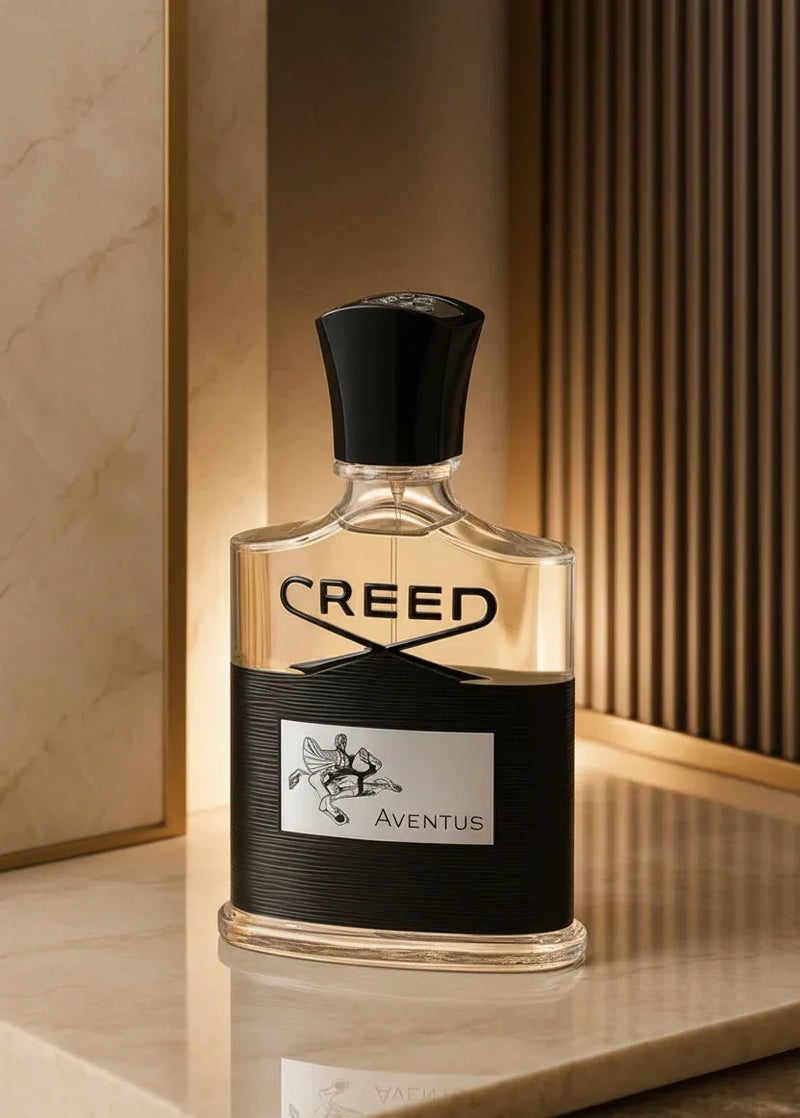Frasco de perfume Creed Aventus em mármore com luz suave, embalagem sofisticada.