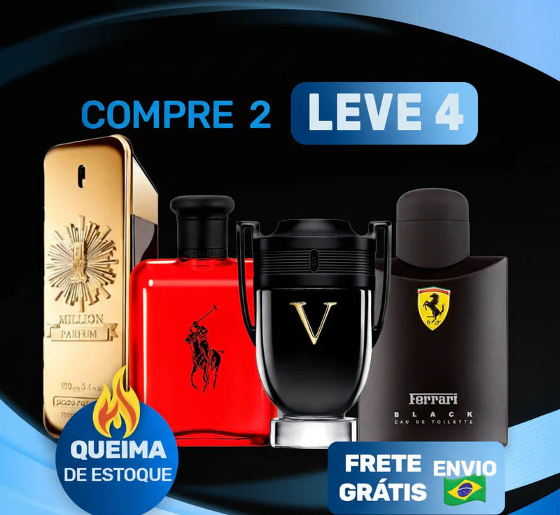 Promoção de perfumes importados, compre 2 leve 4, queima de estoque, frete grátis.