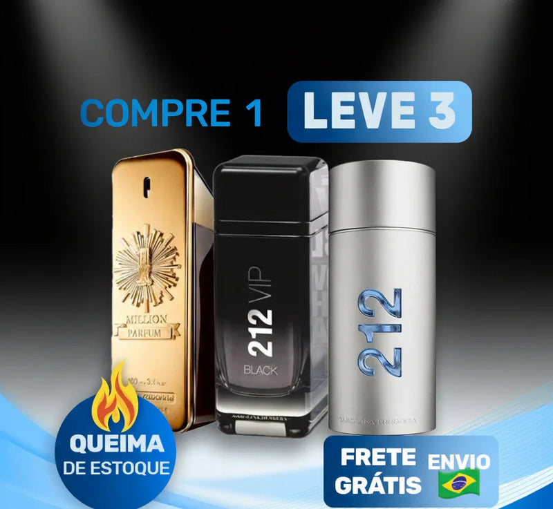 Promoção de perfumes importados com três frascos, oferta compre 1 leve 3, frete grátis Brasil