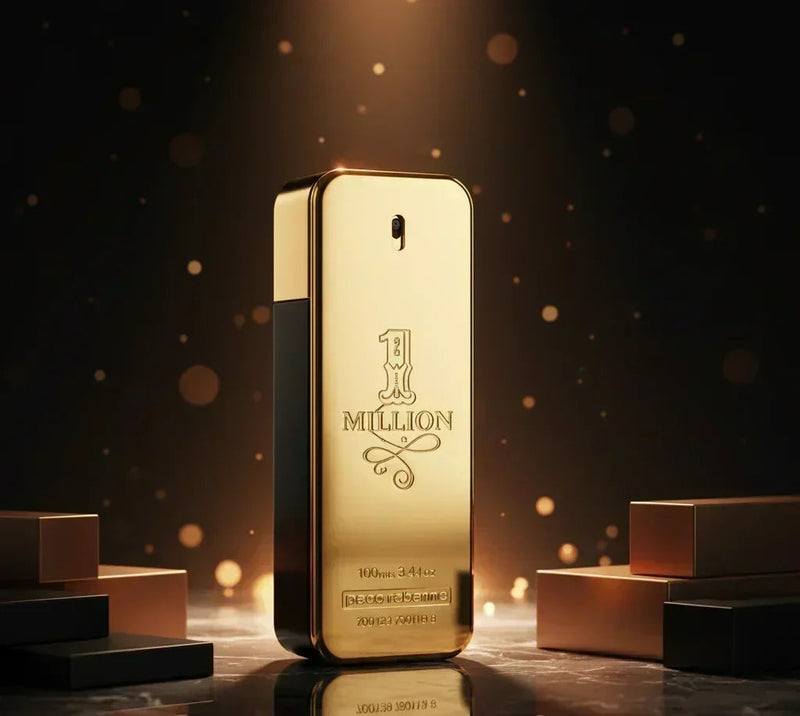Perfume 1 Million dourado de Paco Rabanne sobre fundo escuro com detalhes brilhantes.