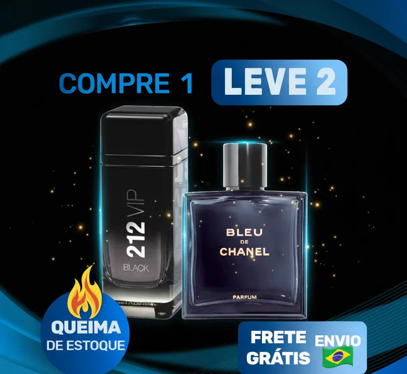 Promoção de perfumes 212 VIP Black e Bleu de Chanel com compre 1 leve 2, queima de estoque e frete grátis