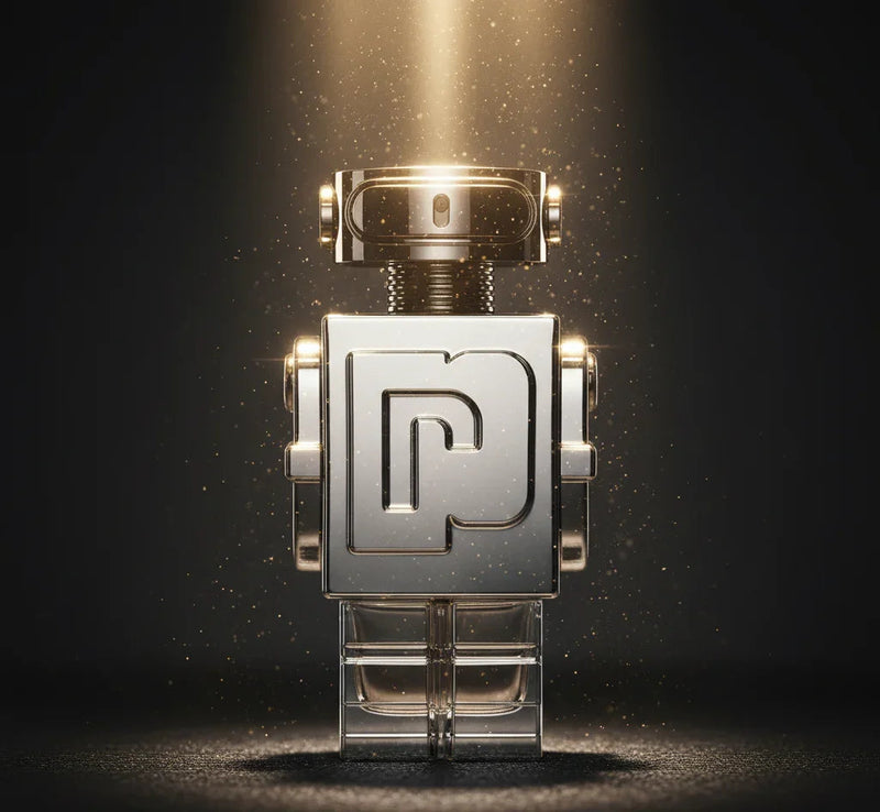 Frasco de perfume metálico em formato de robô, iluminado, com fundo escuro elegante.