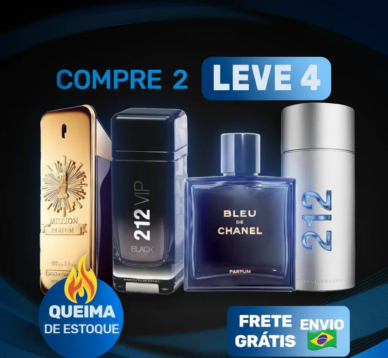 Promoção de perfumes importados com frascos de 1 Million, 212 VIP, Bleu de Chanel e 212, oferta compre 2 leve 4, frete grátis para o Brasil.