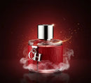 Perfume CH Carolina Herrera com frasco vermelho elegante sobre fundo escuro sofisticado