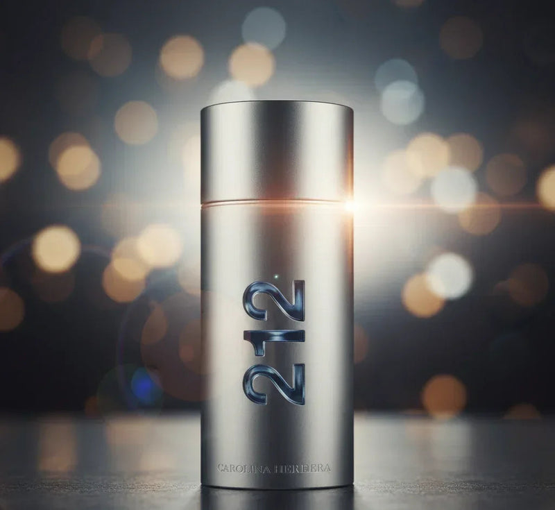 Perfume 212 Carolina Herrera em frasco prateado com fundo desfocado elegante